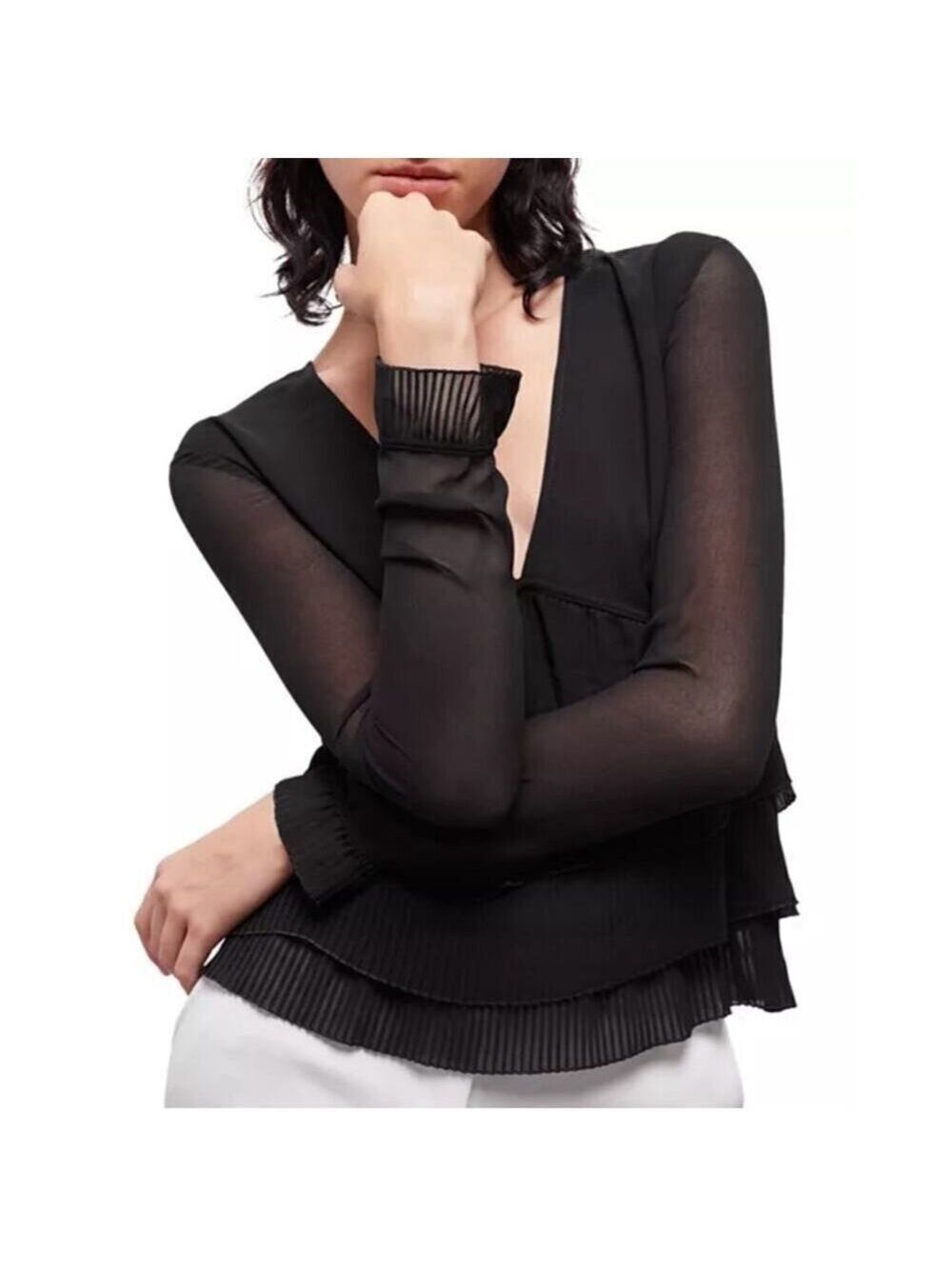 NWT The Kooples Black Pleated V-Neck Top Size XS $215